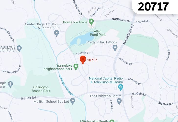 A Map Displaying 20717 Zip Code In Bowie, Prince George's County, Maryland.