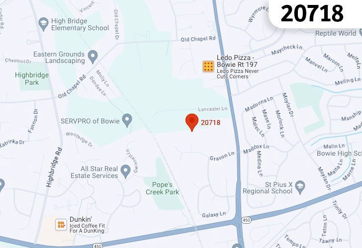 A Map Displaying 20718 Zip Code In Bowie, Prince George's County, Maryland.