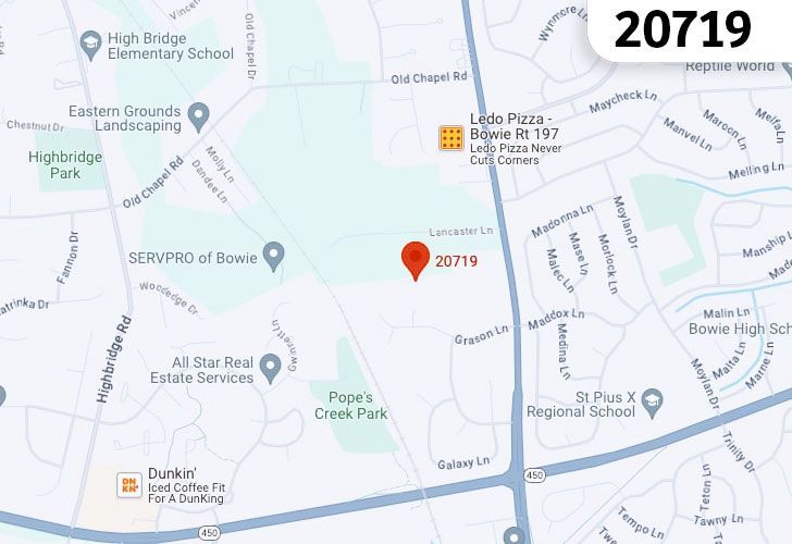 A Map Displaying 20719 Zip Code In Bowie, Prince George's County, Maryland.