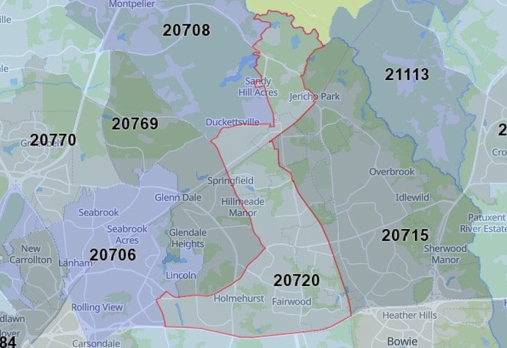 A Map Displaying 20720 Zip Code In Glenn Dale, Prince George's County, Maryland.