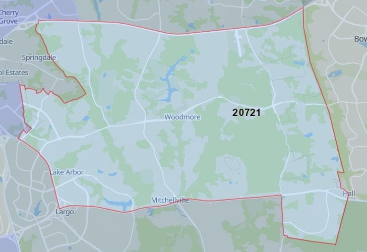 A Map Displaying 20721 Zip Code In Bowie, Prince George's County, Maryland.