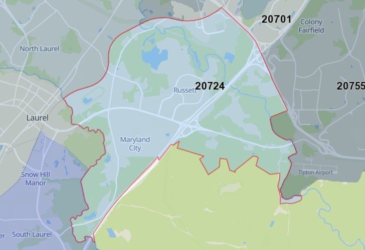 Russett, Maryland Map With A Central Spotlight On 20724 Zip.