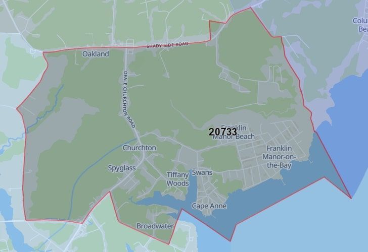 Deale, Maryland Map With A Central Spotlight On 20733 Zip.