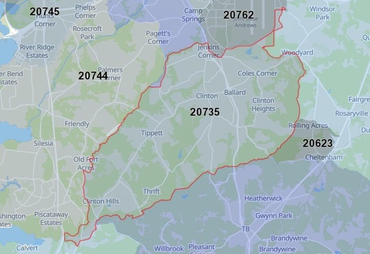 A Map Displaying 20735 Zip Code In Clinton, Prince George's County, Maryland.