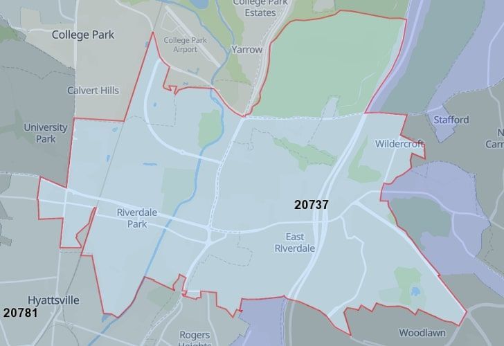 A Map Displaying 20737 Zip Code In College Park, Prince George's County, Maryland.