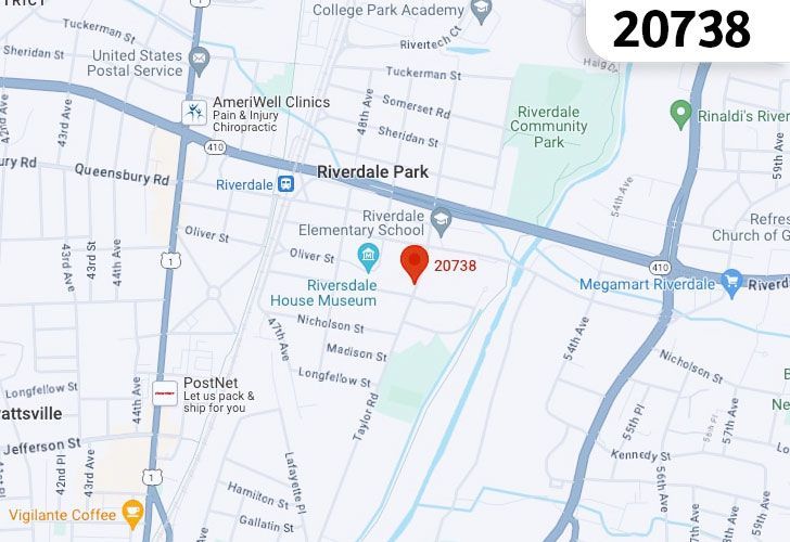 A Map Displaying 20738 Zip Code In Riverdale Park, Prince George's County, Maryland.