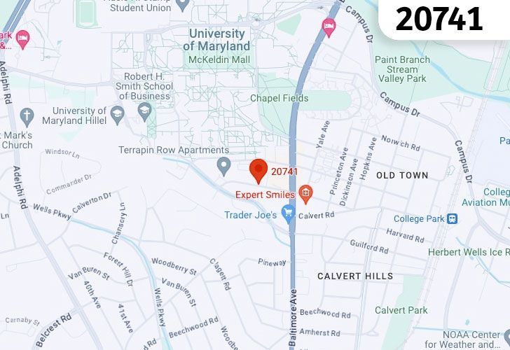 A Map Displaying 20741 Zip Code In College Park, Prince George's County, Maryland.