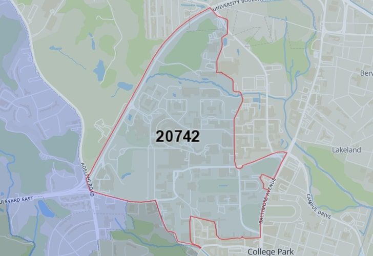 A Map Displaying 20742 Zip Code In College Park, Prince George's County, Maryland.
