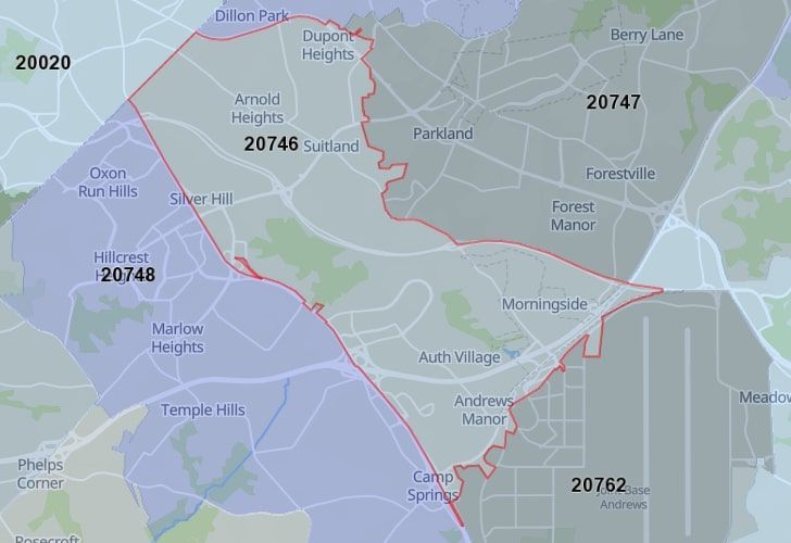 A Map Displaying 20746 Zip Code In Suitland, Prince George's County, Maryland.