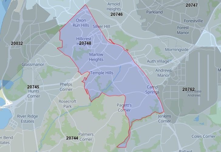 A Map Displaying 20748 Zip Code In Temple Hills, Prince George's County, Maryland.