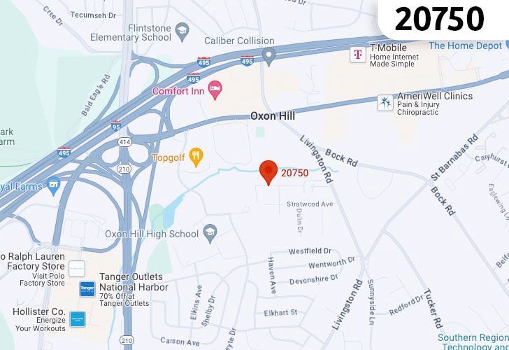 A Map Displaying 20750 Zip Code In Oxon Hill, Prince George's County, Maryland.