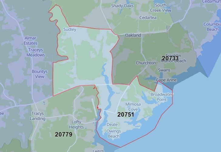 Deale, Maryland Map With A Central Spotlight On 20751 Zip.