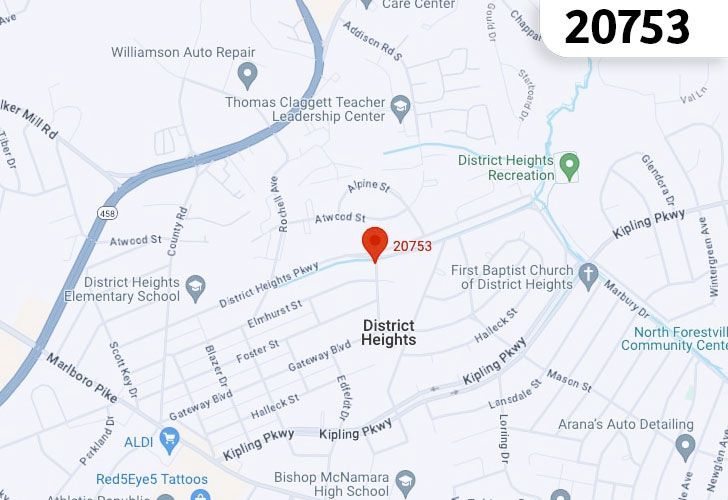 A Map Displaying 20753 Zip Code In District Heights, Prince George's County, Maryland.