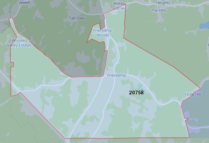 Friendship, Maryland Map With A Central Spotlight On 20758 Zip.