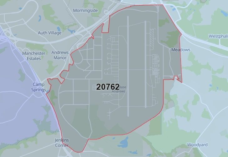 A Map Displaying 20762 Zip Code In Joint Base Andrews, Prince George's County, Maryland.