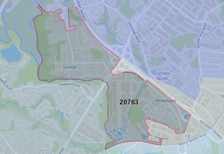 A Map Of Savage, Howard County, MD, Highlighting The 20763 Zip Code.