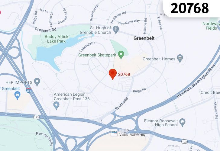 A Map Displaying 20768 Zip Code In Greenbelt, Prince George's County, Maryland.