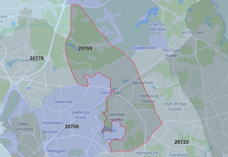 A Map Displaying 20769 Zip Code In Glenn Dale, Prince George's County, Maryland.