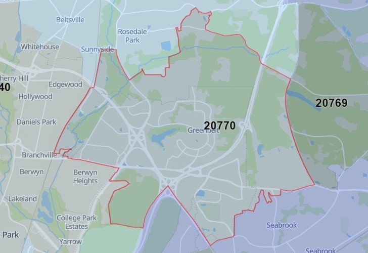 A Map Displaying 20770 Zip Code In Greenbelt, Prince George's County, Maryland.