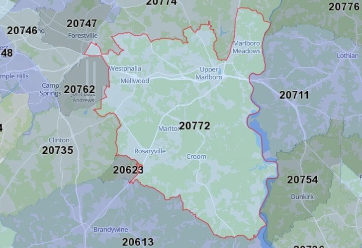 A Map Displaying 20772 Zip Code In Upper Marlboro, Prince George's County, Maryland.