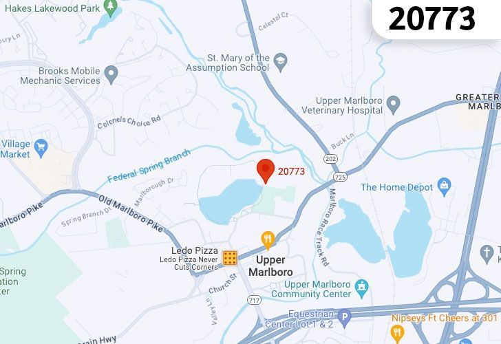 A Map Displaying 20773 Zip Code In Upper Marlboro, Prince George's County, Maryland.