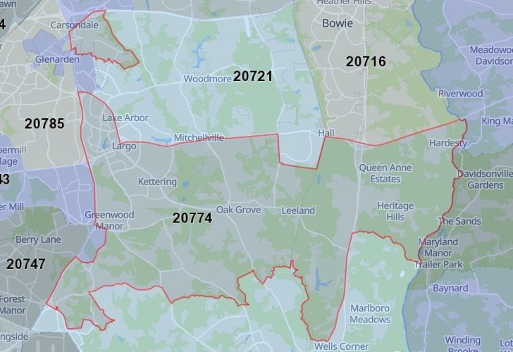 A Map Displaying 20774 Zip Code In Springdale, Prince George's County, Maryland.