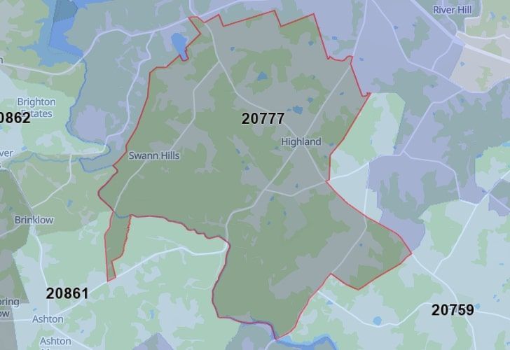 A Map Of Highland, Howard County, MD, Highlighting The 20777 Zip Code.