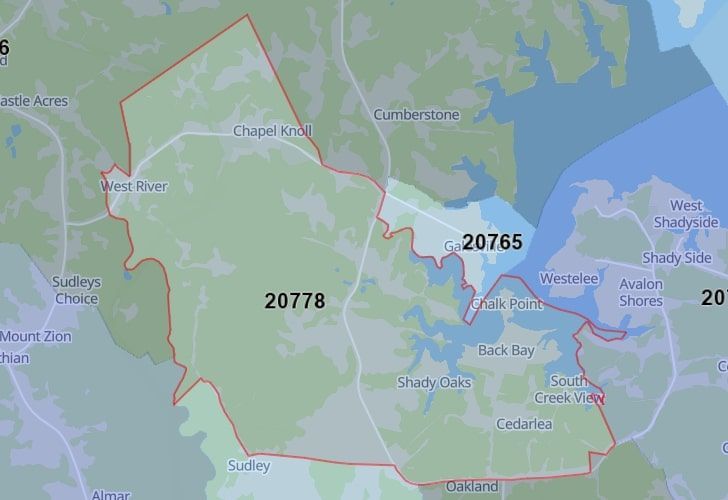 Shady Side, Maryland Map With A Central Spotlight On 20778 Zip.