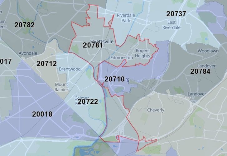 A Map Displaying 20781 Zip Code In Hyattsville, Prince George's County, Maryland.