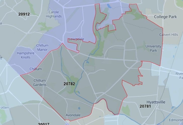 A Map Displaying 20782 Zip Code In Hyattsville, Prince George's County, Maryland.