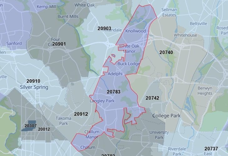 A Map Displaying 20783 Zip Code In College Park, Prince George's County, Maryland.