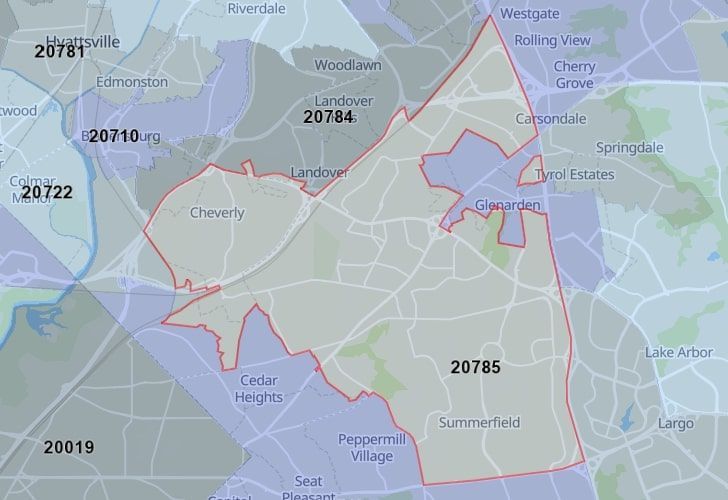 A Map Displaying 20785 Zip Code In Cheverly, Prince George's County, Maryland.