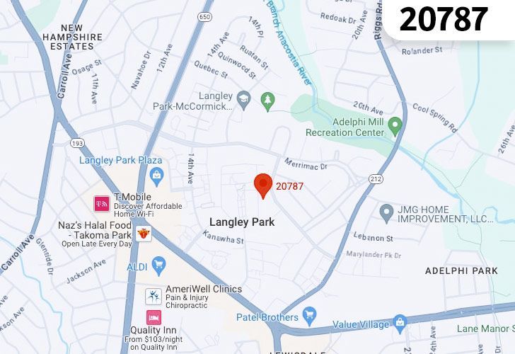 A Map Displaying 20787 Zip Code In Langley Park, Prince George's County, Maryland.
