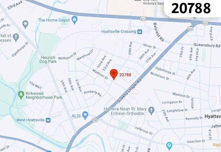 A Map Displaying 20788 Zip Code In Hyattsville, Prince George's County, Maryland.