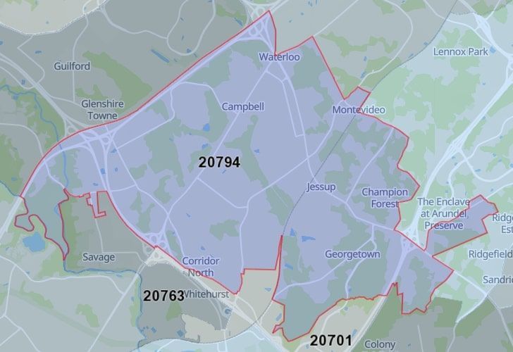 A Map Of Savage, Howard County, MD, Highlighting The 20794 Zip Code.