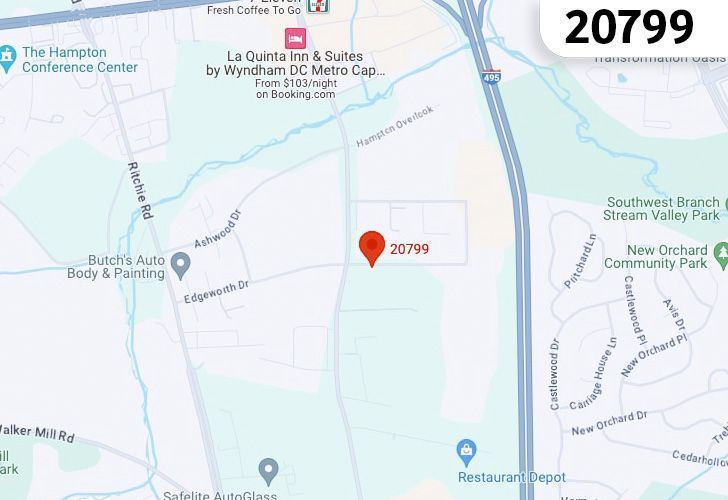 A Map Displaying 20799 Zip Code In Capitol Heights, Prince George's County, Maryland.