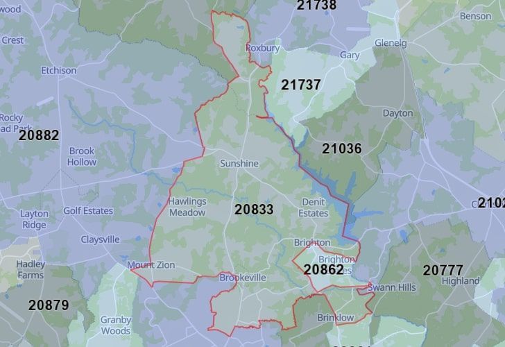 A Map Of Ashton-Sandy Spring, Howard County, MD, Highlighting The 20833 Zip Code.
