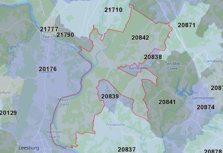 A Map Of Dickerson In Frederick County, MD, Showing The Zip Code 20842.