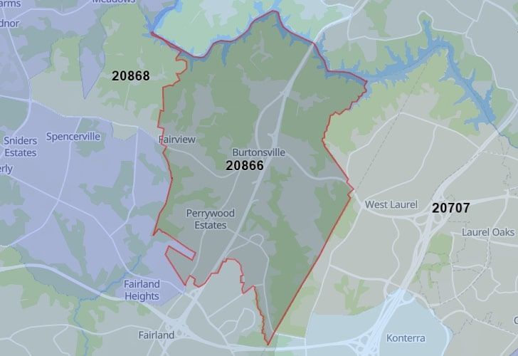 A Map Of Fairland, Maryland With The Zip Code 20866 Highlighted.
