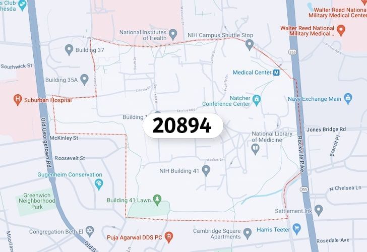 A Map Of Bethesda, Maryland With The Zip Code 20894 Highlighted.