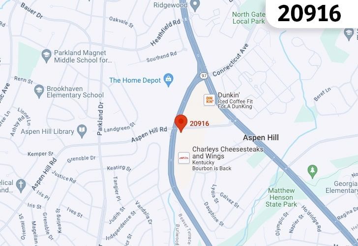 A Map Of Aspen Hill, Maryland With The Zip Code 20916 Highlighted.