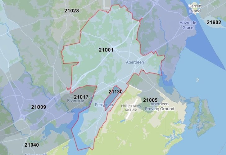 A Map Of Aberdeen, Harford County, MD, Showing The Location Of Zip Code 21001.