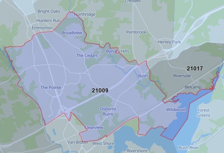 A Map Of Abingdon, Harford County, MD, Showing The Location Of Zip Code 21009.