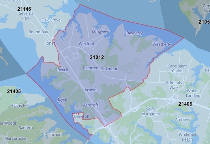 Arnold, Maryland Map With A Central Spotlight On 21012 Zip.