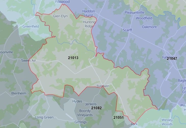 Focused Map View On Baldwin, MD, Featuring Zip Code 21013.