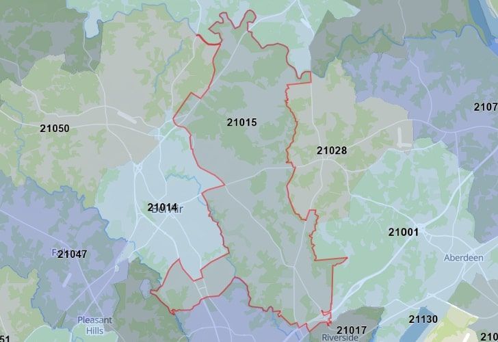 A Map Of Bel Air, Harford County, MD, Showing The Location Of Zip Code 21015.