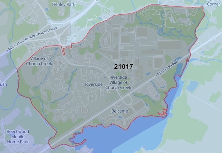A Map Of Belcamp, Harford County, MD, Showing The Location Of Zip Code 21017.