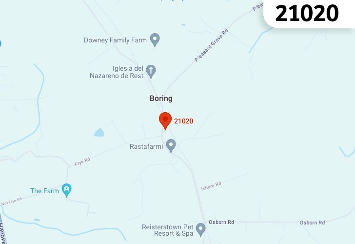 Focused Map View On Boring, MD, Featuring Zip Code 21020.