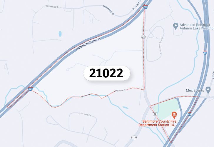 Focused Map View On Towson, MD, Featuring Zip Code 21022.