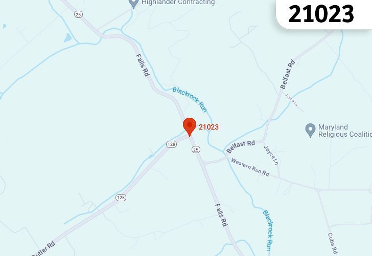 Focused Map View On Butler, MD, Featuring Zip Code 21023.